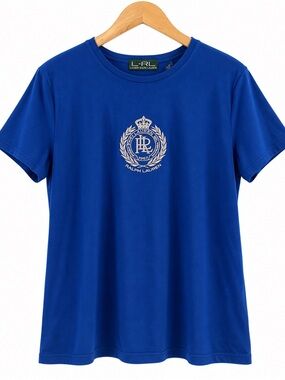 Ralph Lauren Women’s Blue Embroidered Crest T-Shirt L Old Money Preppy XL